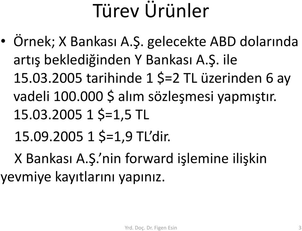 2005 tarihinde 1 $=2 TL üzerinden 6 ay vadeli 100.000 $ alım sözleşmesi yapmıştır.