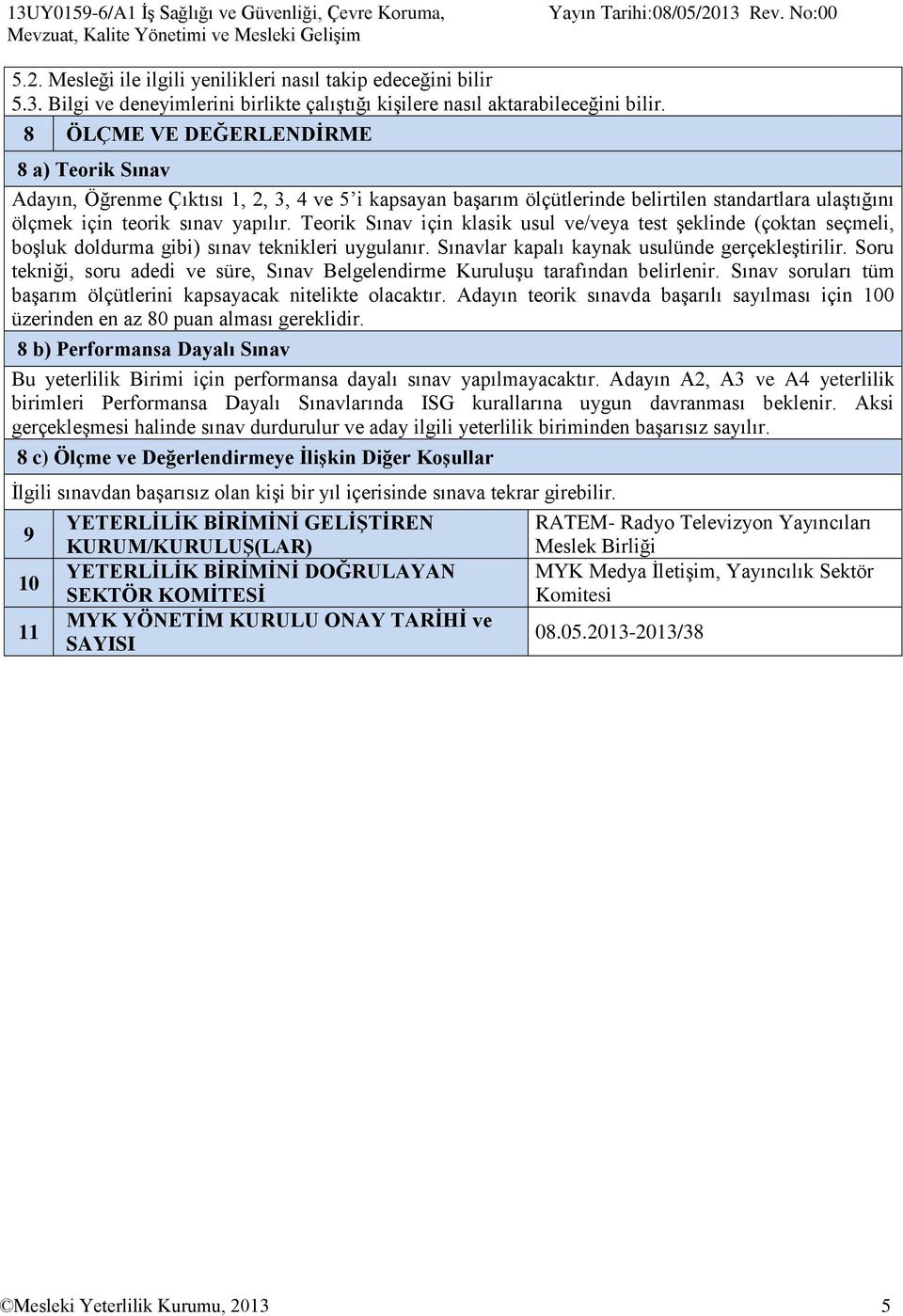 Teorik Sınav için klasik usul ve/veya test şeklinde (çoktan seçmeli, boşluk doldurma gibi) sınav teknikleri uygulanır. Sınavlar kapalı kaynak usulünde gerçekleştirilir.