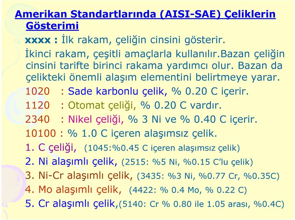 1120 : Otomat çeliği, % 0.20 C vardır. 2340 : Nikel çeliği, % 3 Ni ve % 0.40 C içerir. 10100 : % 1.0 C içeren alaşımsız çelik. 1. C çeliği, (1045:%0.