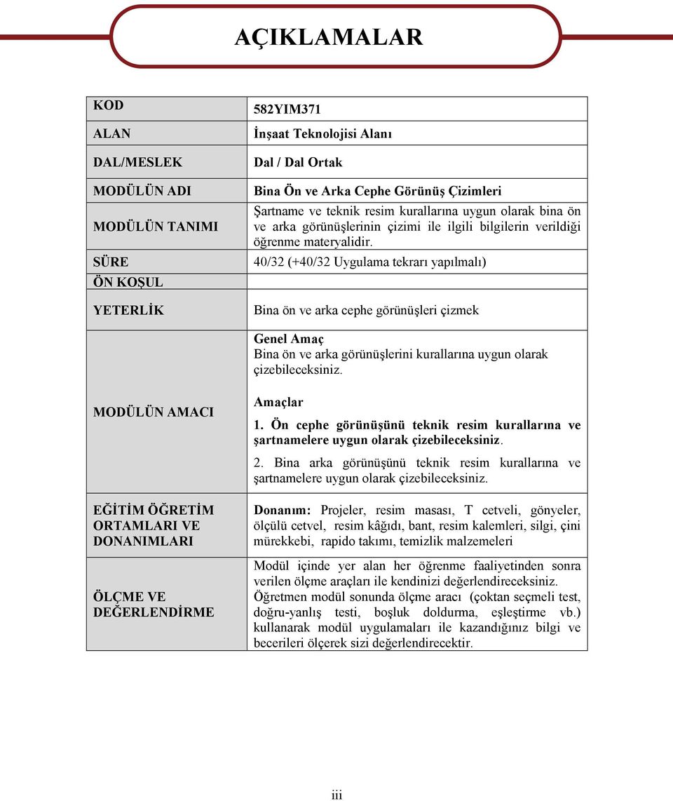 40/32 (+40/32 Uygulama tekrarı yapılmalı) Bina ön ve arka cephe görünüşleri çizmek Genel Amaç Bina ön ve arka görünüşlerini kurallarına uygun olarak çizebileceksiniz.