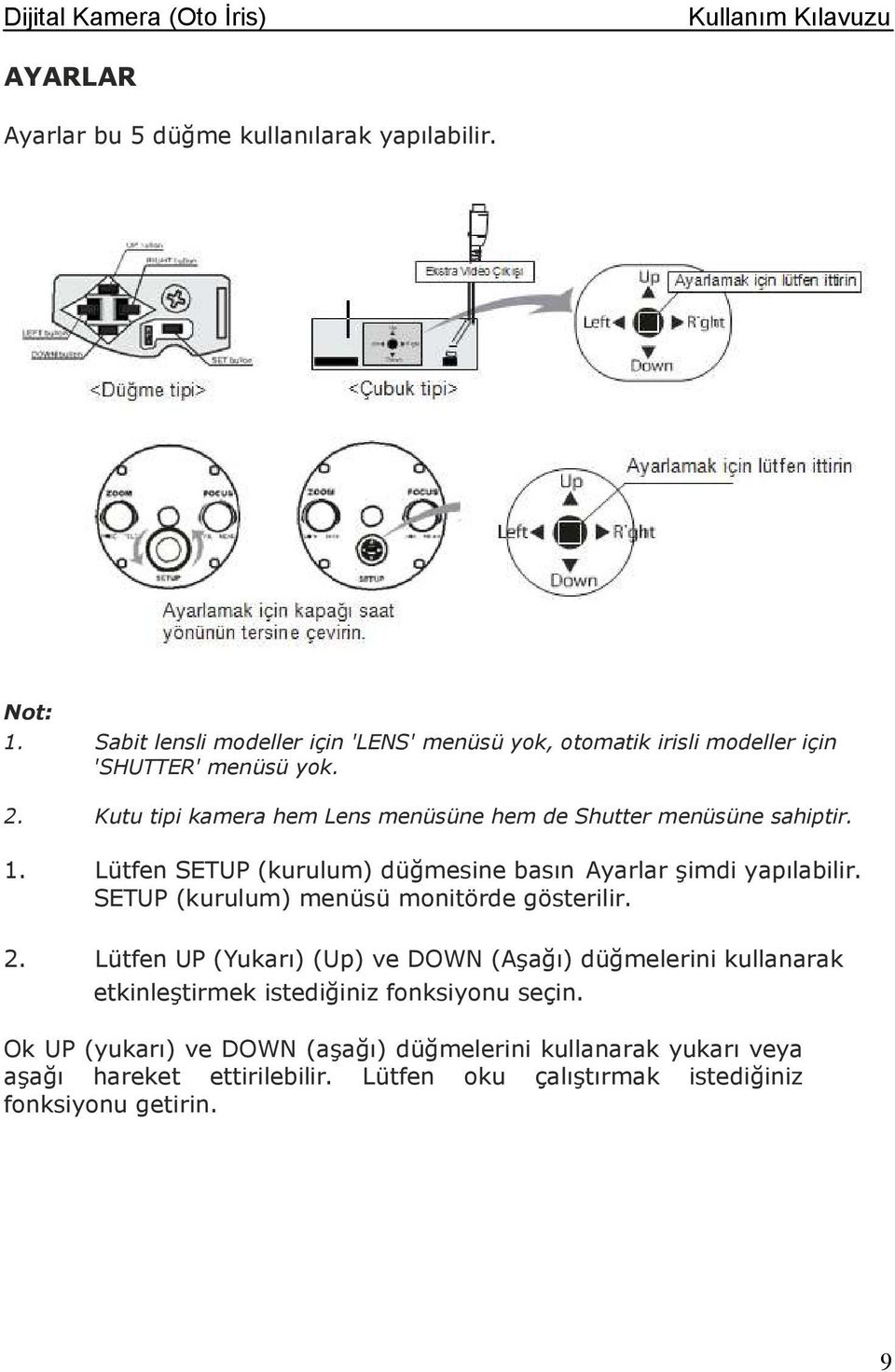 Kutu tipi kamera hem Lens menüsüne hem de Shutter menüsüne sahiptir. 1. Lütfen SETUP (kurulum) düğmesine basın Ayarlar şimdi yapılabilir.