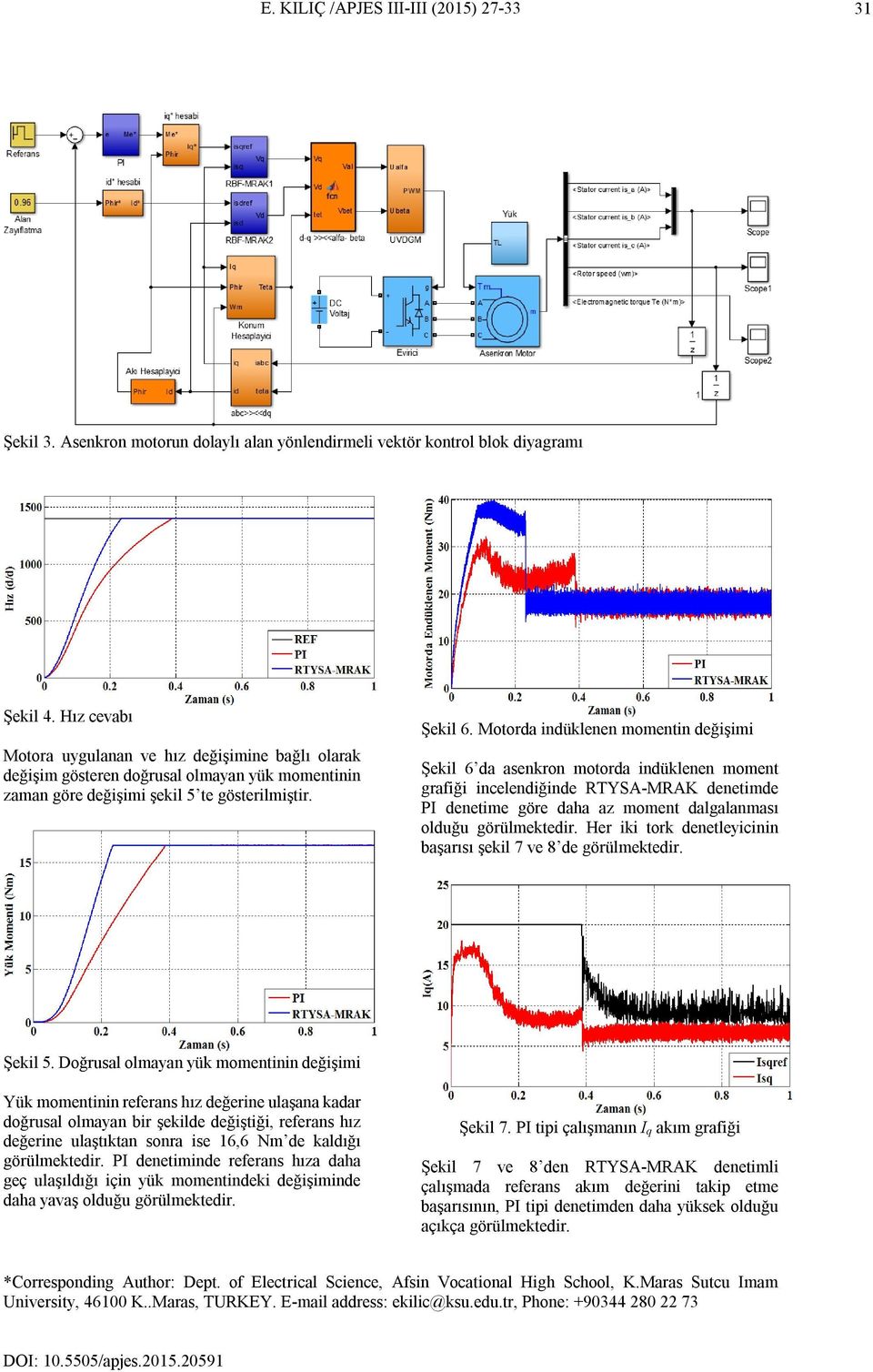 Motorda indüklenen momentin değişimi Şekil 6 da asenkron motorda indüklenen moment grafiği incelendiğinde RTYSA-MRAK denetimde PI denetime göre daha az moment dalgalanması olduğu görülmektedir.