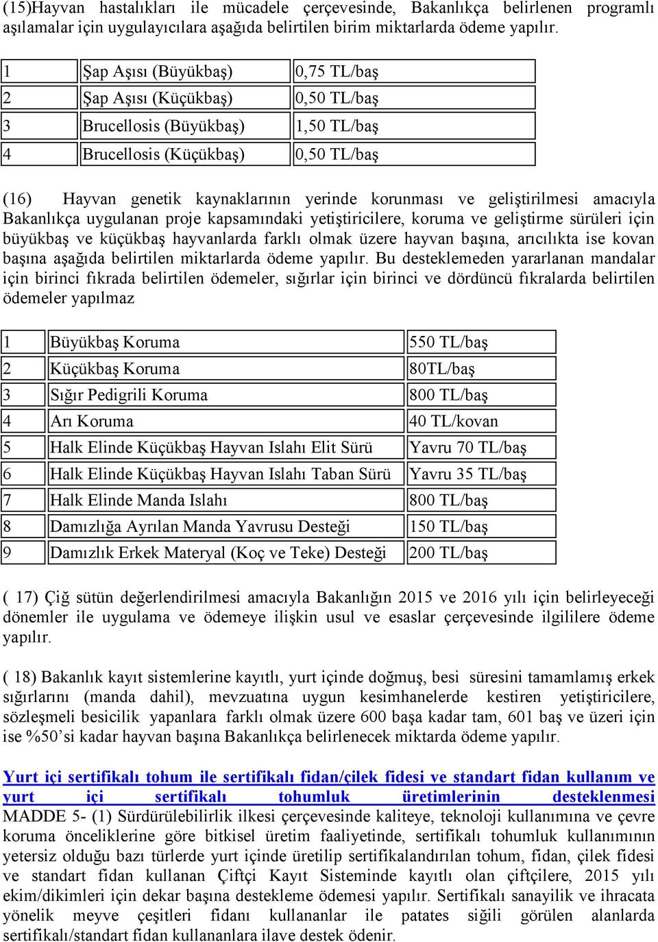 geliştirilmesi amacıyla Bakanlıkça uygulanan proje kapsamındaki yetiştiricilere, koruma ve geliştirme sürüleri için büyükbaş ve küçükbaş hayvanlarda farklı olmak üzere hayvan başına, arıcılıkta ise