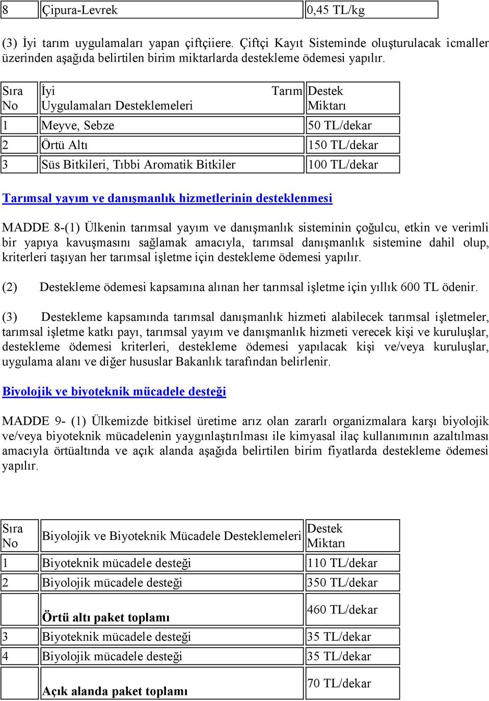 hizmetlerinin desteklenmesi MADDE 8-(1) Ülkenin tarımsal yayım ve danışmanlık sisteminin çoğulcu, etkin ve verimli bir yapıya kavuşmasını sağlamak amacıyla, tarımsal danışmanlık sistemine dahil olup,