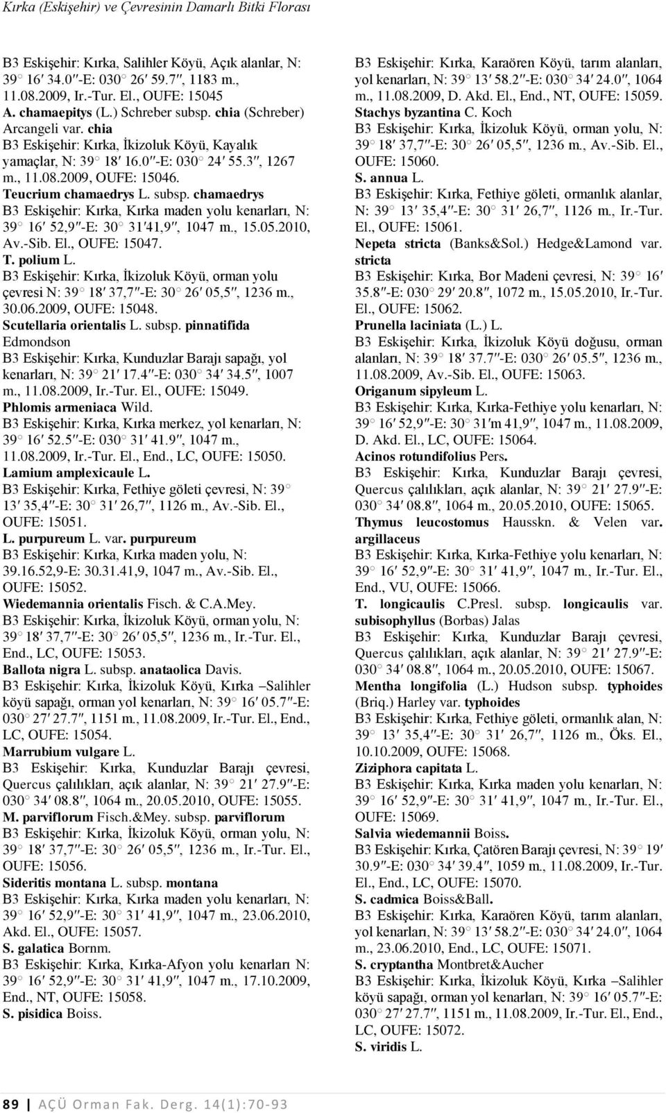 , 15.05.2010, Av.-Sib. El., OUFE: 15047. T. polium L. B3 Eskişehir: Kırka, İkizoluk Köyü, orman yolu çevresi N: 39 18 37,7 -E: 30 26 05,5, 1236 m., 30.06.2009, OUFE: 15048. Scutellaria orientalis L.