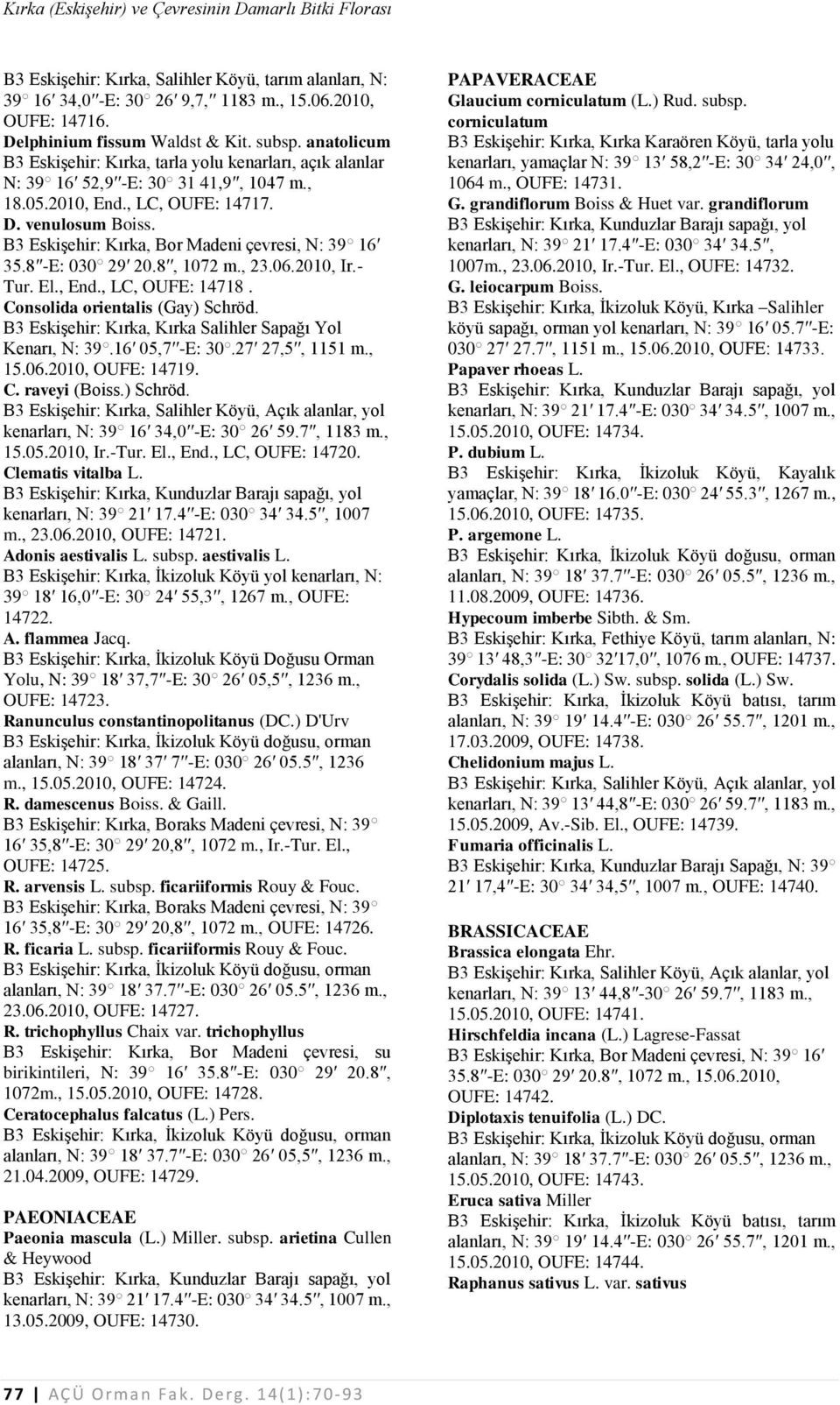 , 23.06.2010, Ir.- Tur. El., End., LC, OUFE: 14718. Consolida orientalis (Gay) Schröd. Kenarı, N: 39.16 05,7 -E: 30.27 27,5, 1151 m., 15.06.2010, OUFE: 14719. C. raveyi (Boiss.) Schröd. 15.05.2010, Ir.-Tur.