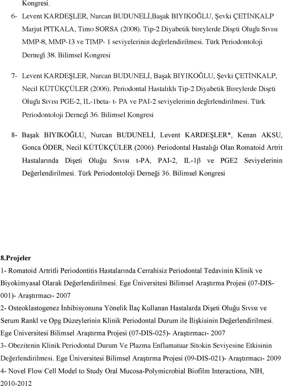 Bilimsel Kongresi 7- Levent KARDEŞLER, Nurcan BUDUNELİ, Başak BIYIKOĞLU, Şevki ÇETİNKALP, Necil KÜTÜKÇÜLER (2006).