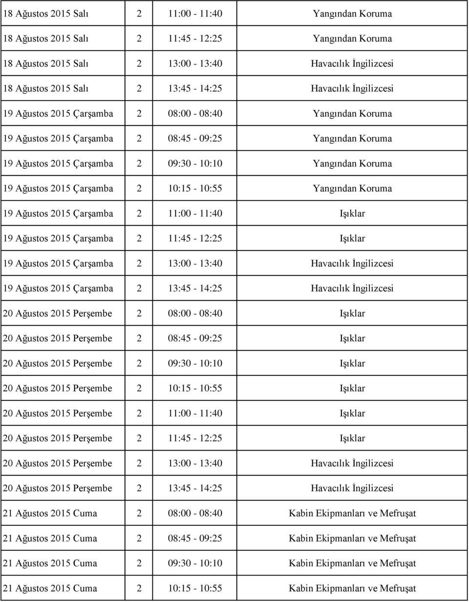 Ağustos 2015 Çarşamba 2 10:15-10:55 Yangından Koruma 19 Ağustos 2015 Çarşamba 2 11:00-11:40 Işıklar 19 Ağustos 2015 Çarşamba 2 11:45-12:25 Işıklar 19 Ağustos 2015 Çarşamba 2 13:00-13:40 Havacılık