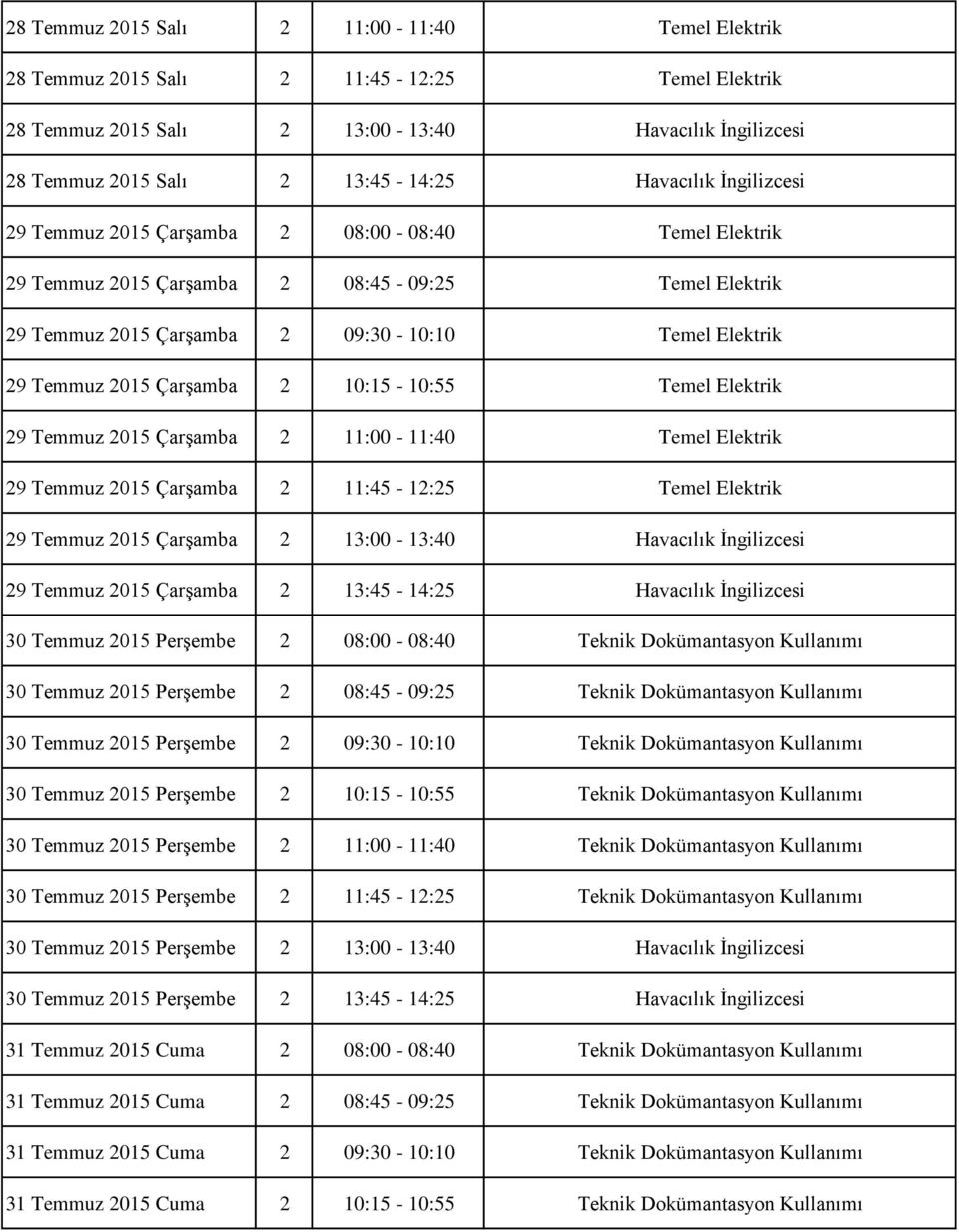 10:15-10:55 Temel Elektrik 29 Temmuz 2015 Çarşamba 2 11:00-11:40 Temel Elektrik 29 Temmuz 2015 Çarşamba 2 11:45-12:25 Temel Elektrik 29 Temmuz 2015 Çarşamba 2 13:00-13:40 Havacılık İngilizcesi 29