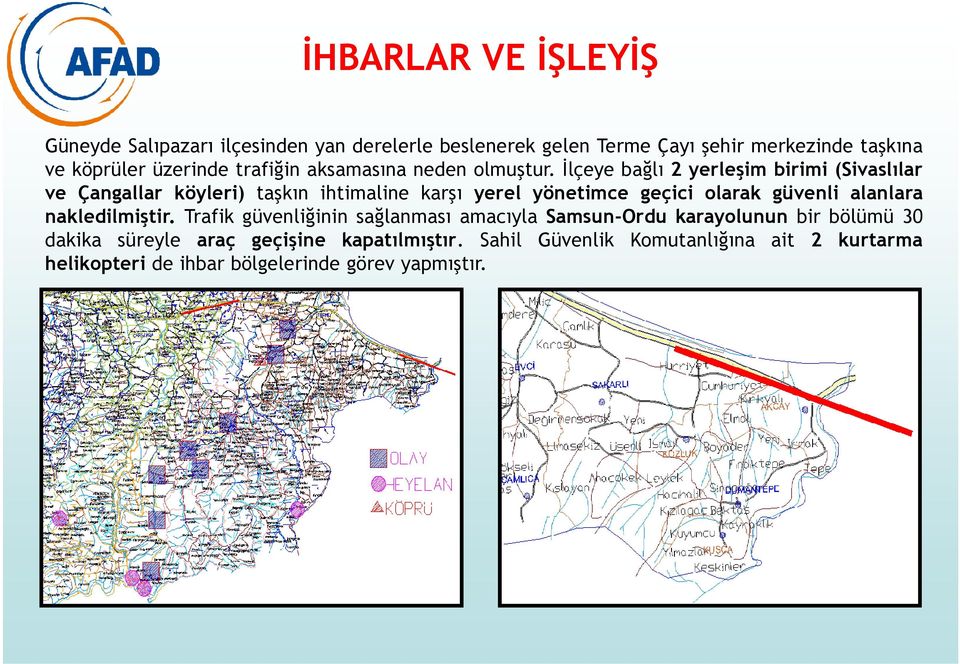 İlçeye bağlı 2 yerleşim birimi (Sivaslılar ve Çangallar köyleri) taşkın ihtimaline karşı yerel yönetimce geçici olarak güvenli alanlara