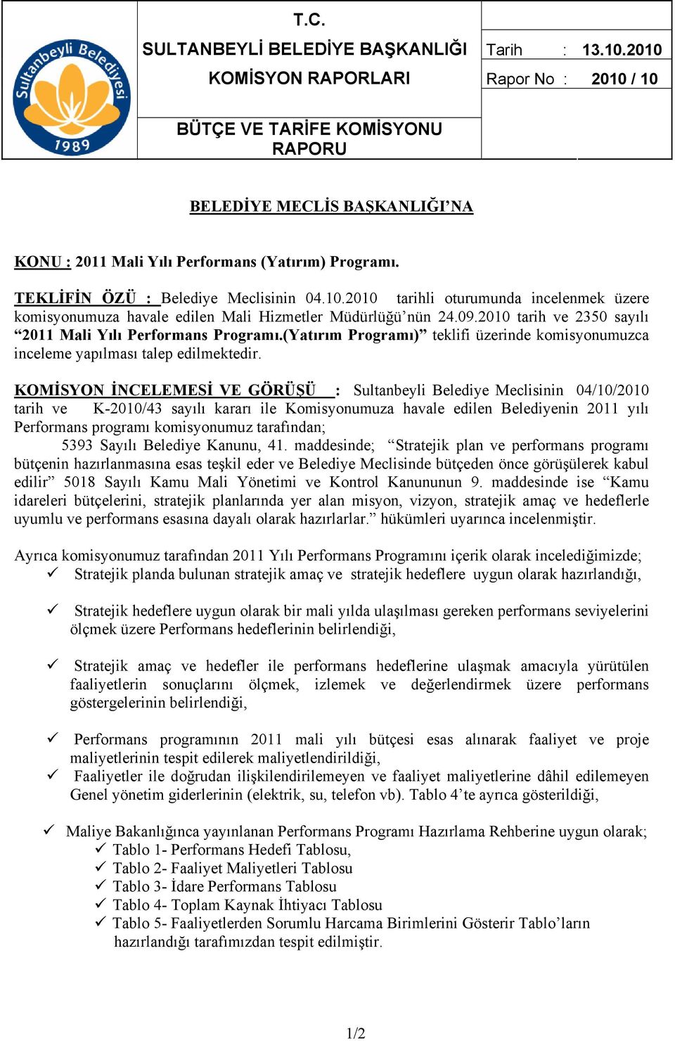 10.2010 tarihli oturumunda incelenmek üzere komisyonumuza havale edilen Mali Hizmetler Müdürlüğü nün 24.09.2010 tarih ve 2350 sayılı 2011 Mali Yılı Performans Programı.