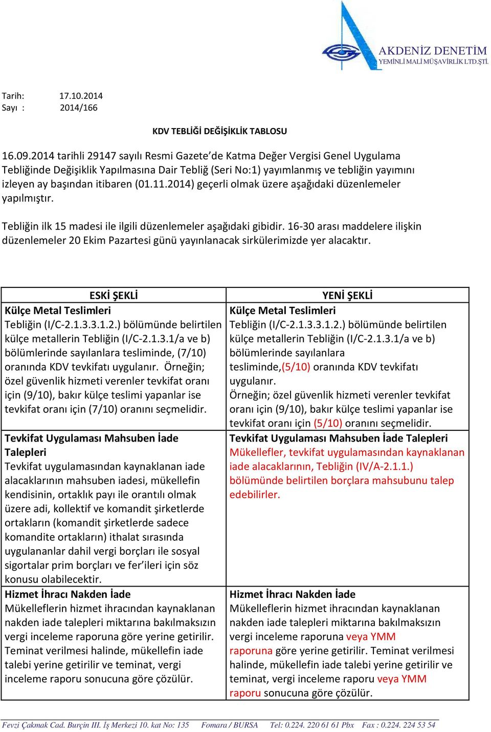 (01.11.2014) geçerli olmak üzere aşağıdaki düzenlemeler yapılmıştır. Tebliğin ilk 15 madesi ile ilgili düzenlemeler aşağıdaki gibidir.