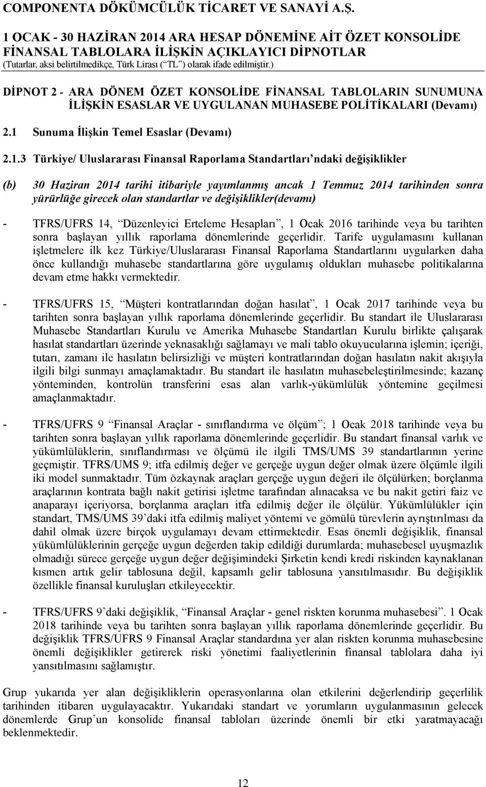 3 Türkiye/ Uluslararası Finansal Raporlama Standartları ndaki değişiklikler (b) 30 Haziran 2014 tarihi itibariyle yayımlanmış ancak 1 Temmuz 2014 tarihinden sonra yürürlüğe girecek olan standartlar