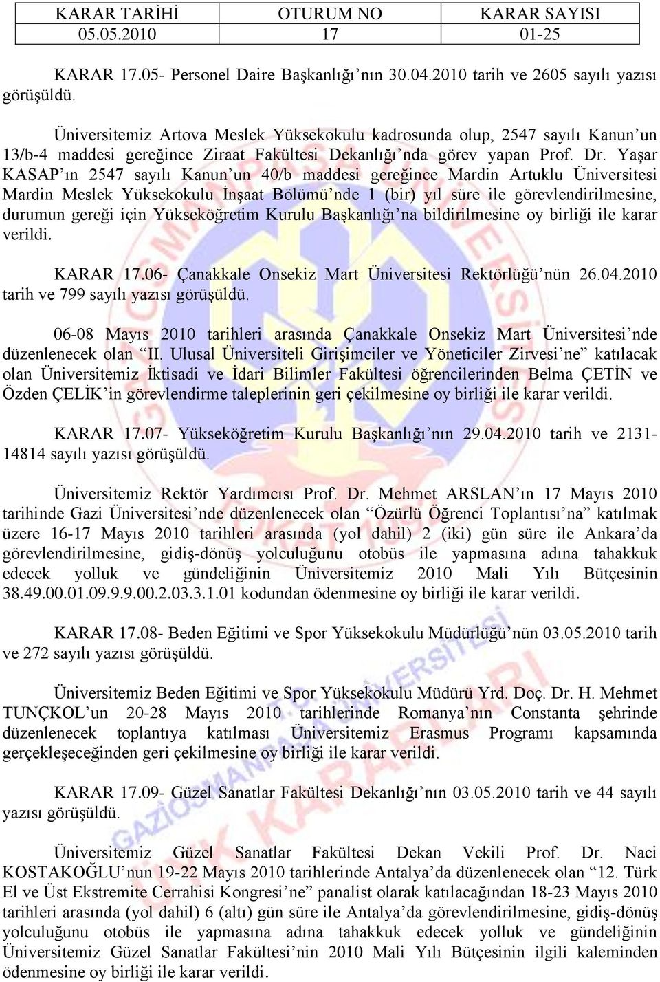 YaĢar KASAP ın 2547 sayılı Kanun un 40/b maddesi gereğince Mardin Artuklu Üniversitesi Mardin Meslek Yüksekokulu ĠnĢaat Bölümü nde 1 (bir) yıl süre ile görevlendirilmesine, durumun gereği için