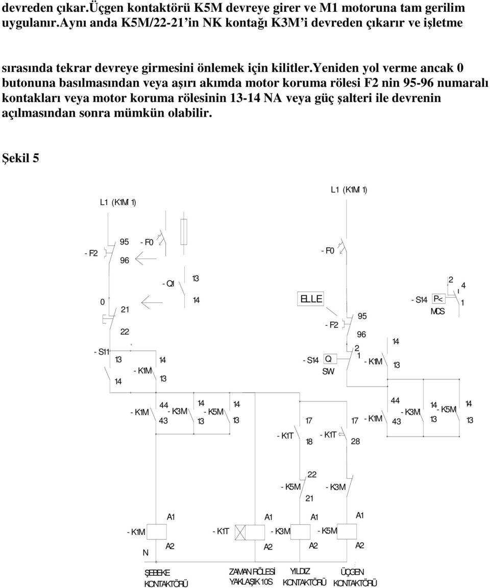 yeniden yol verme ancak 0 butonuna basılmasından veya aşırı akımda motor koruma rölesi F nin 9-9 numaralı kontakları veya motor koruma rölesinin - A veya güç