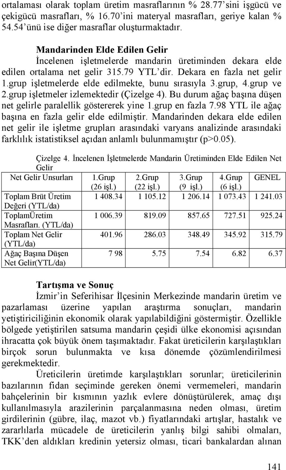 grup işletmelerde elde edilmekte, bunu sırasıyla 3.grup, 4.grup ve 2.grup işletmeler izlemektedir (Çizelge 4). Bu durum ağaç başına düşen net gelirle paralellik göstererek yine 1.grup en fazla 7.