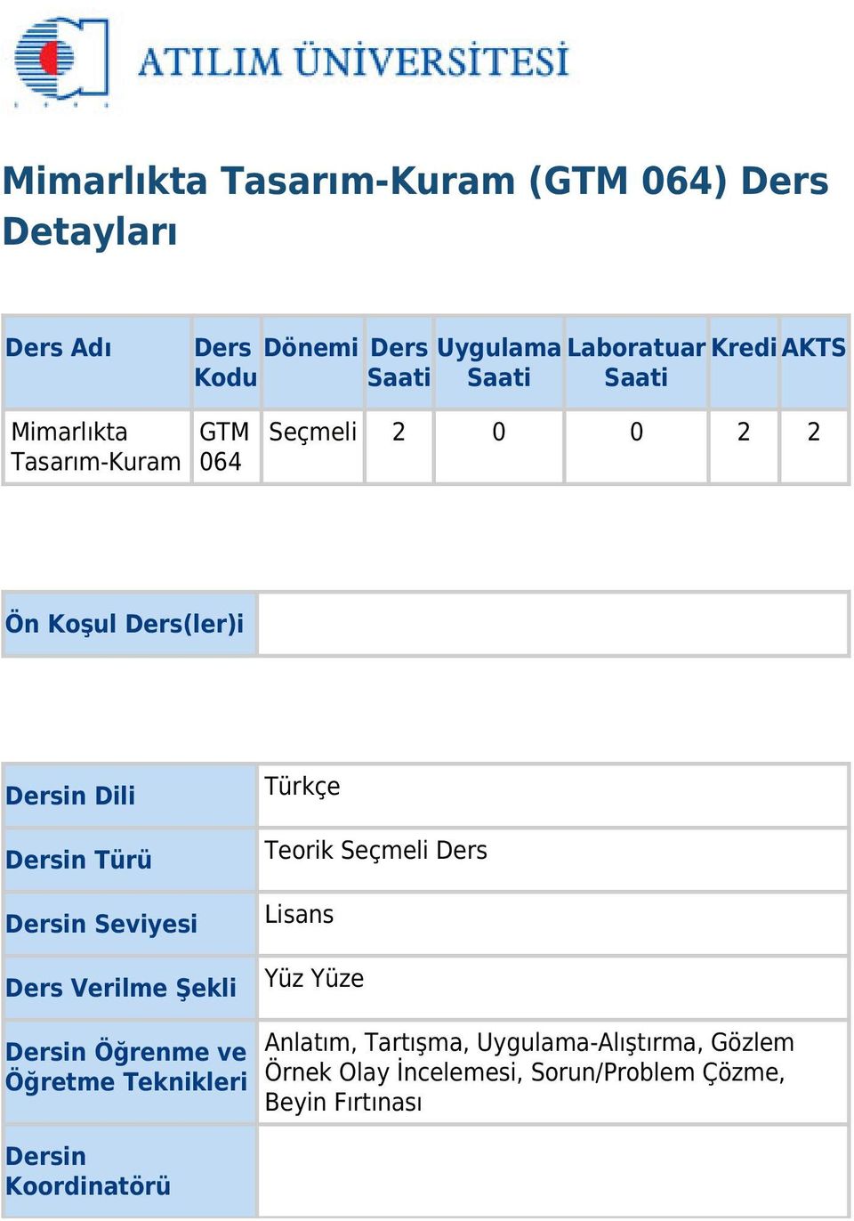 Dersin Seviyesi Ders Verilme Şekli Türkçe Teorik Seçmeli Ders Lisans Yüz Yüze Dersin Öğrenme ve Öğretme Teknikleri