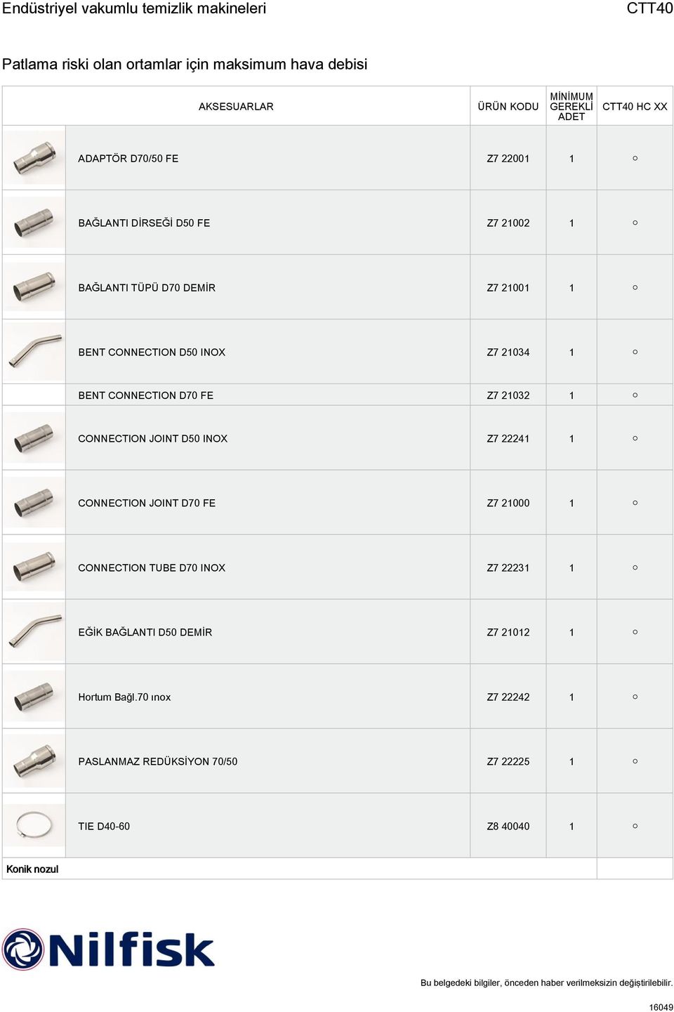 1 CONNECTION JOINT D70 FE Z7 21000 1 CONNECTION TUBE D70 INOX Z7 22231 1 EĞİK BAĞLANTI D50 DEMİR Z7