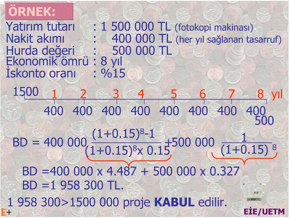 yıl 400 400 400 400 400 400 400 400 500 (1+0.15) 8-1 BD = 400 000 +500 000 1 (1+0.15) 8 x 0.15 (1+0.