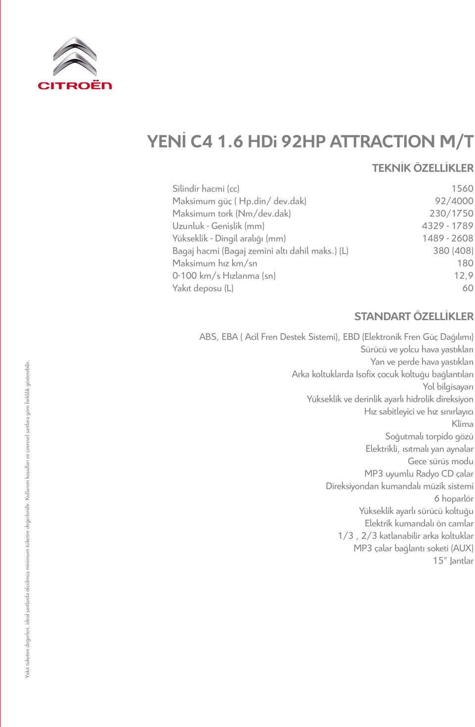 ) (L) 380 (408) Maksimum hız km/sn 180 0-100 km/s Hızlanma (sn) 12,9 Yakıt deposu (L) 60 STANDART ÖZELLİKLER Yakıt tüketim değerleri, ideal şartlarda ölçülmüş minimum tüketim değerleridir.