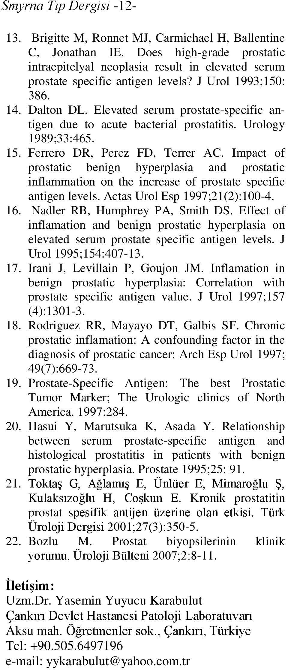 Impact of prostatic benign hyperplasia and prostatic inflammation on the increase of prostate specific antigen levels. Actas Urol Esp 1997;21(2):100-4. 16. Nadler RB, Humphrey PA, Smith DS.