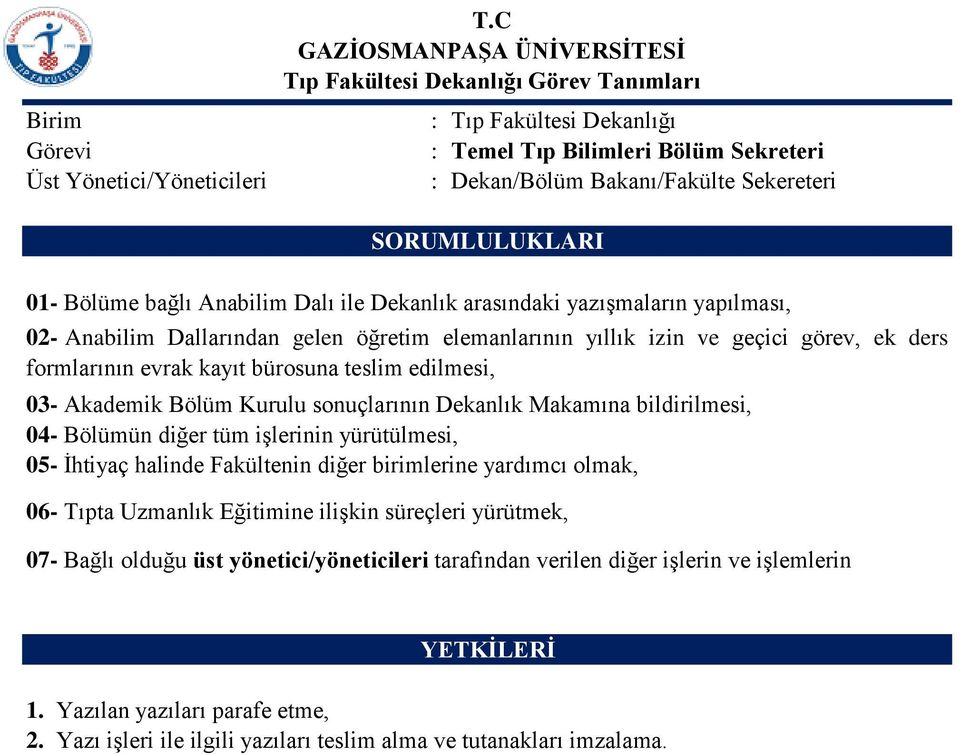 bildirilmesi, 04- Bölümün diğer tüm işlerinin yürütülmesi, 05- İhtiyaç halinde Fakültenin diğer birimlerine yardımcı olmak, 06- Tıpta Uzmanlık Eğitimine ilişkin süreçleri yürütmek,