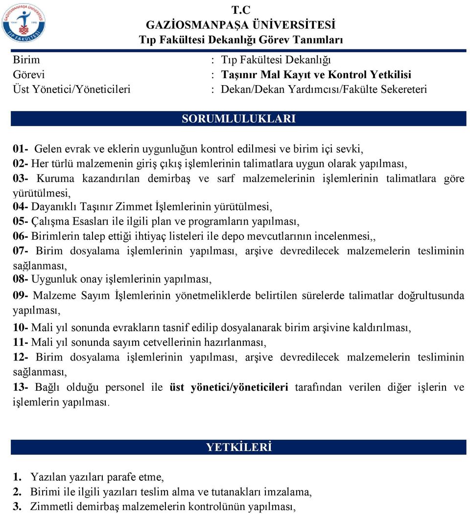 yürütülmesi, 05- Çalışma Esasları ile ilgili plan ve programların yapılması, 06- Birimlerin talep ettiği ihtiyaç listeleri ile depo mevcutlarının incelenmesi,, 07- Birim dosyalama işlemlerinin