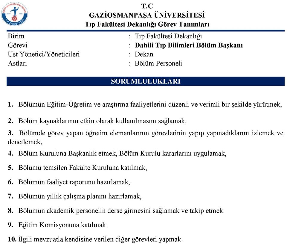 Bölüm Kuruluna Başkanlık etmek, Bölüm Kurulu kararlarını uygulamak, 5. Bölümü temsilen Fakülte Kuruluna katılmak, 6. Bölümün faaliyet raporunu hazırlamak, 7.