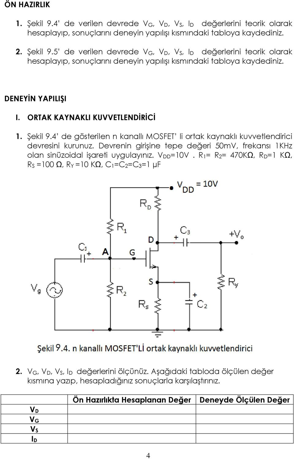 Devrenin girişine tepe değeri 50mV, frekansı 1KHz olan sinüzoidal işareti uygulayınız. VDD=10V. R1= R2= 470KΩ, RD=1 KΩ, RS =100 Ω, RY =10 KΩ, C1=C2=C3=1 µf 2. VG, VD, VS, ID değerlerini ölçünüz.