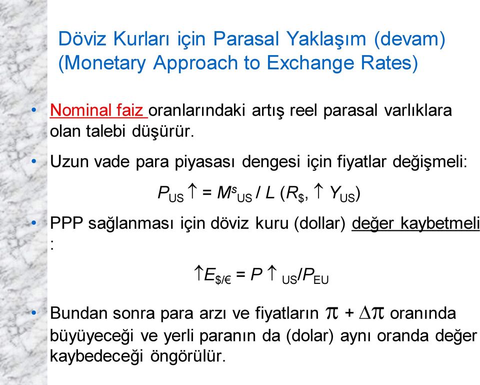 Uzun vade para piyasası dengesi için fiyatlar değişmeli: P US = M s US / L (R $, Y US ) PPP sağlanması için