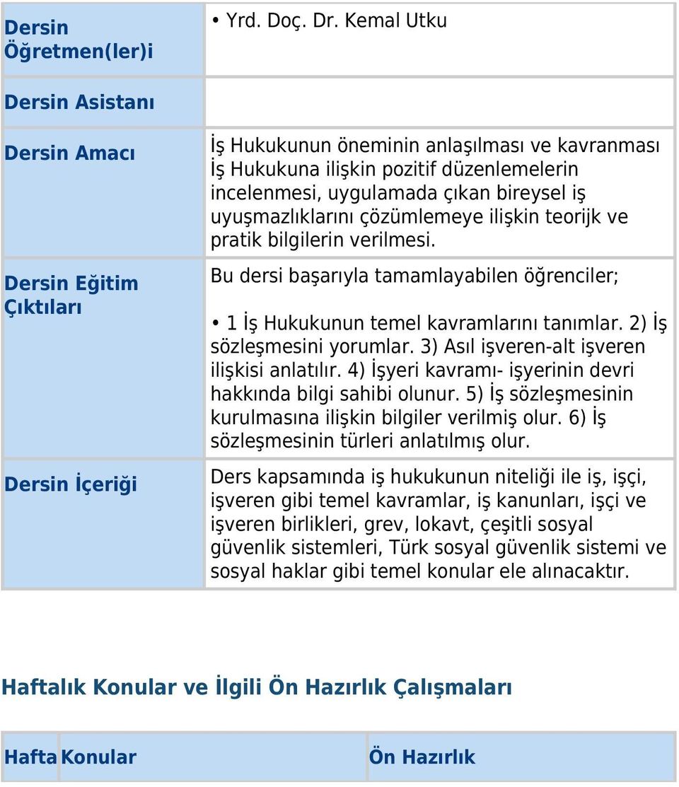 bireysel iş uyuşmazlıklarını çözümlemeye ilişkin teorijk ve pratik bilgilerin verilmesi. Bu dersi başarıyla tamamlayabilen öğrenciler; 1 İş Hukukunun temel kavramlarını tanımlar.