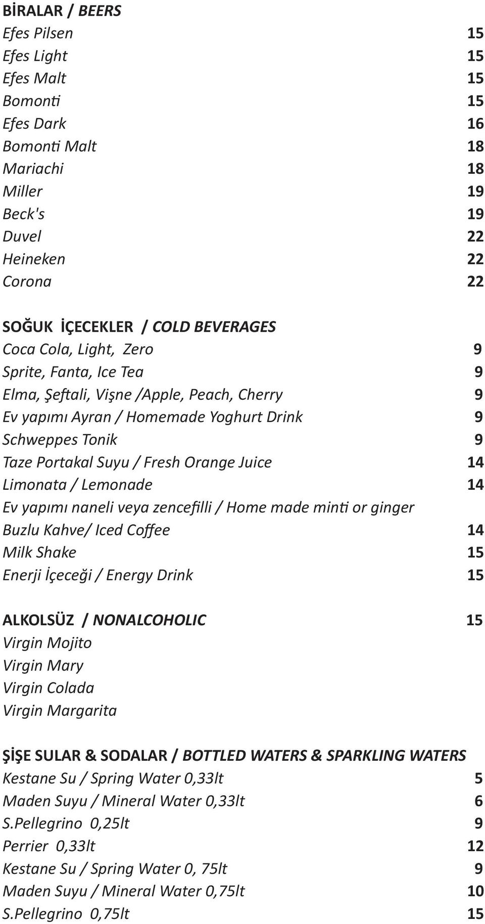 Limonata / Lemonade 14 Ev yapımı naneli veya zencefilli / Home made minti or ginger Buzlu Kahve/ Iced Coffee 14 Milk Shake 15 Enerji İçeceği / Energy Drink 15 ALKOLSÜZ / NONALCOHOLIC 15 Virgin Mojito