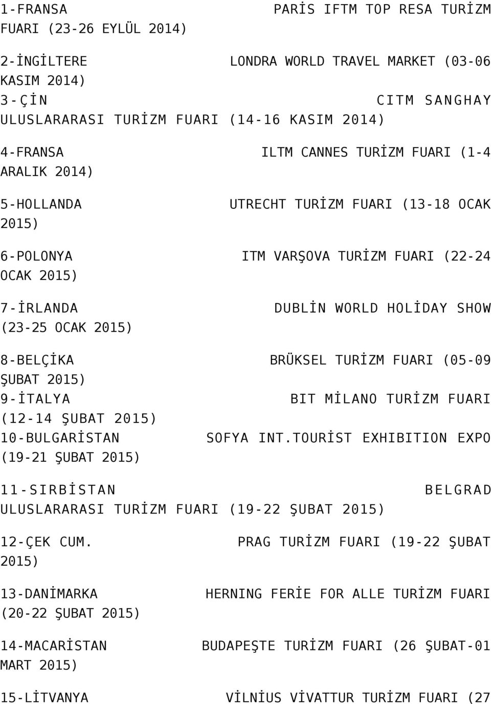 8-BELÇİKA BRÜKSEL TURİZM FUARI (05-09 ŞUBAT 2015) 9-İTALYA BIT MİLANO TURİZM FUARI (12-14 ŞUBAT 2015) 10-BULGARİSTAN SOFYA INT.