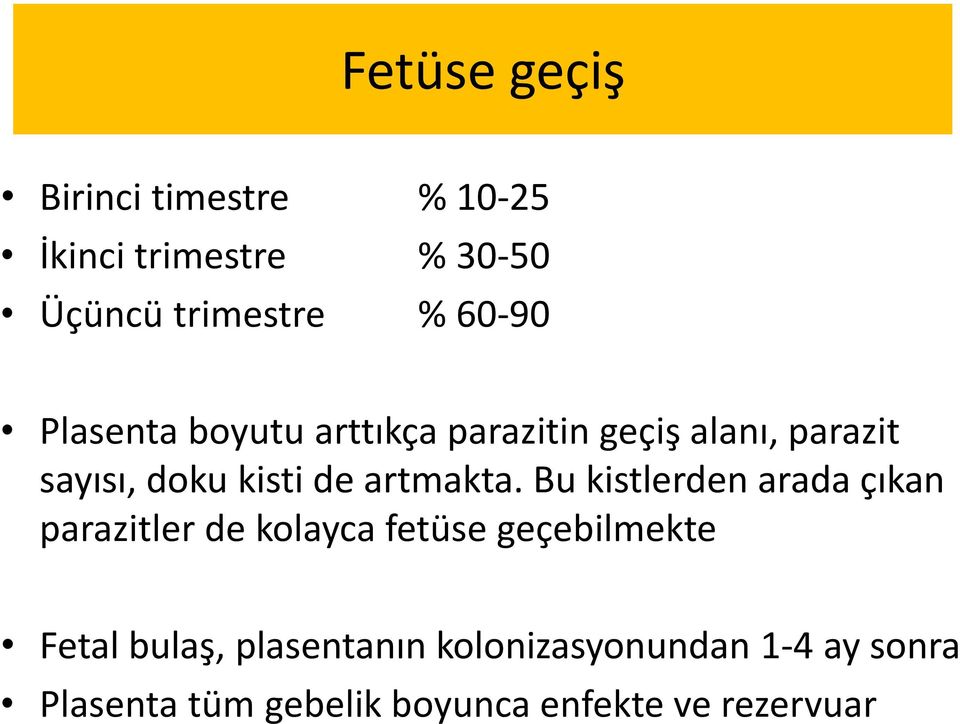 Bu kistlerden arada çıkan parazitler de kolayca fetüse geçebilmekte Fetal bulaş,