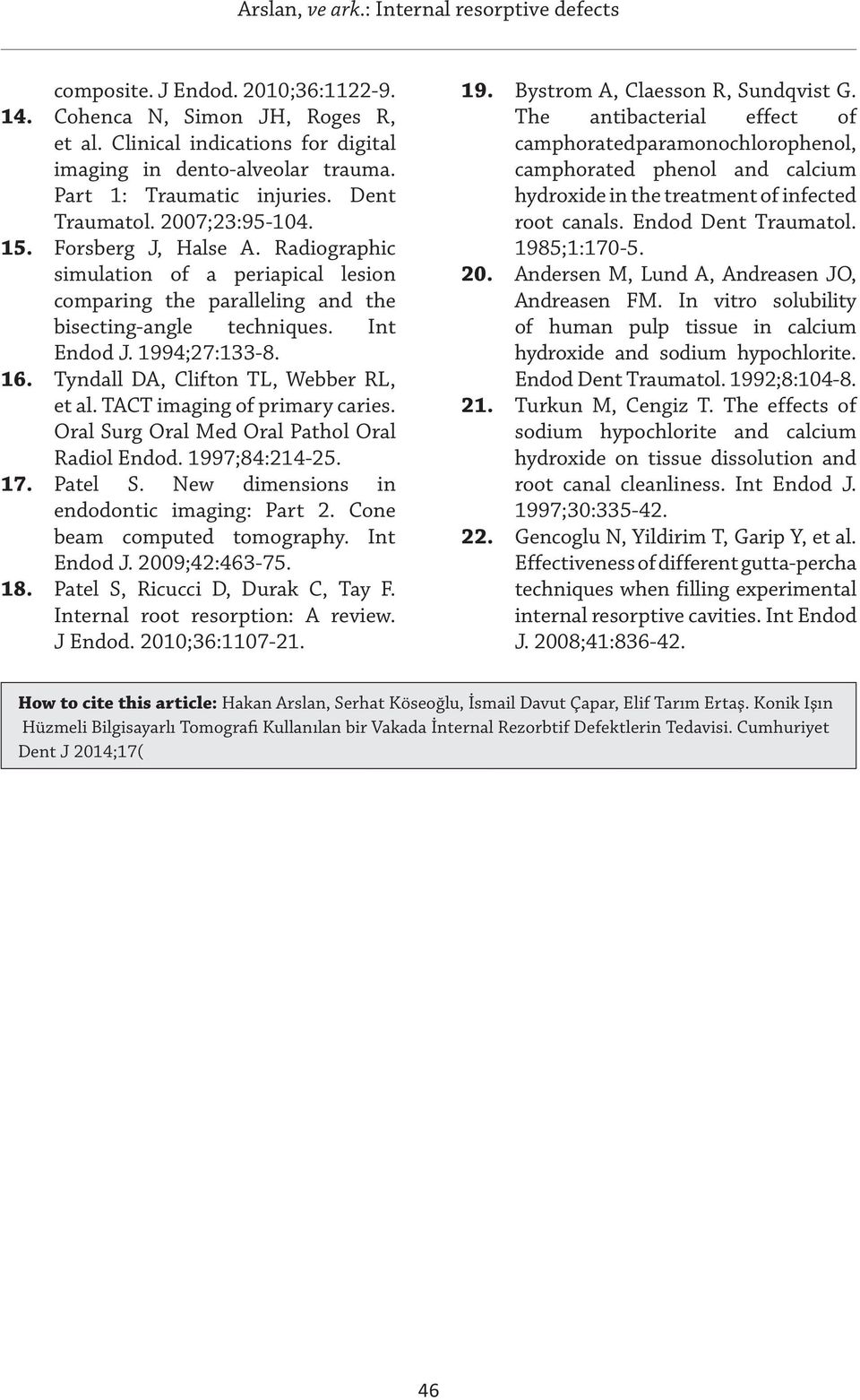 Tyndall DA, Clifton TL, Webber RL, et al. TACT imaging of primary caries. Oral Surg Oral Med Oral Pathol Oral Radiol Endod. 1997;84:214-25. 17. Patel S. New dimensions in endodontic imaging: Part 2.