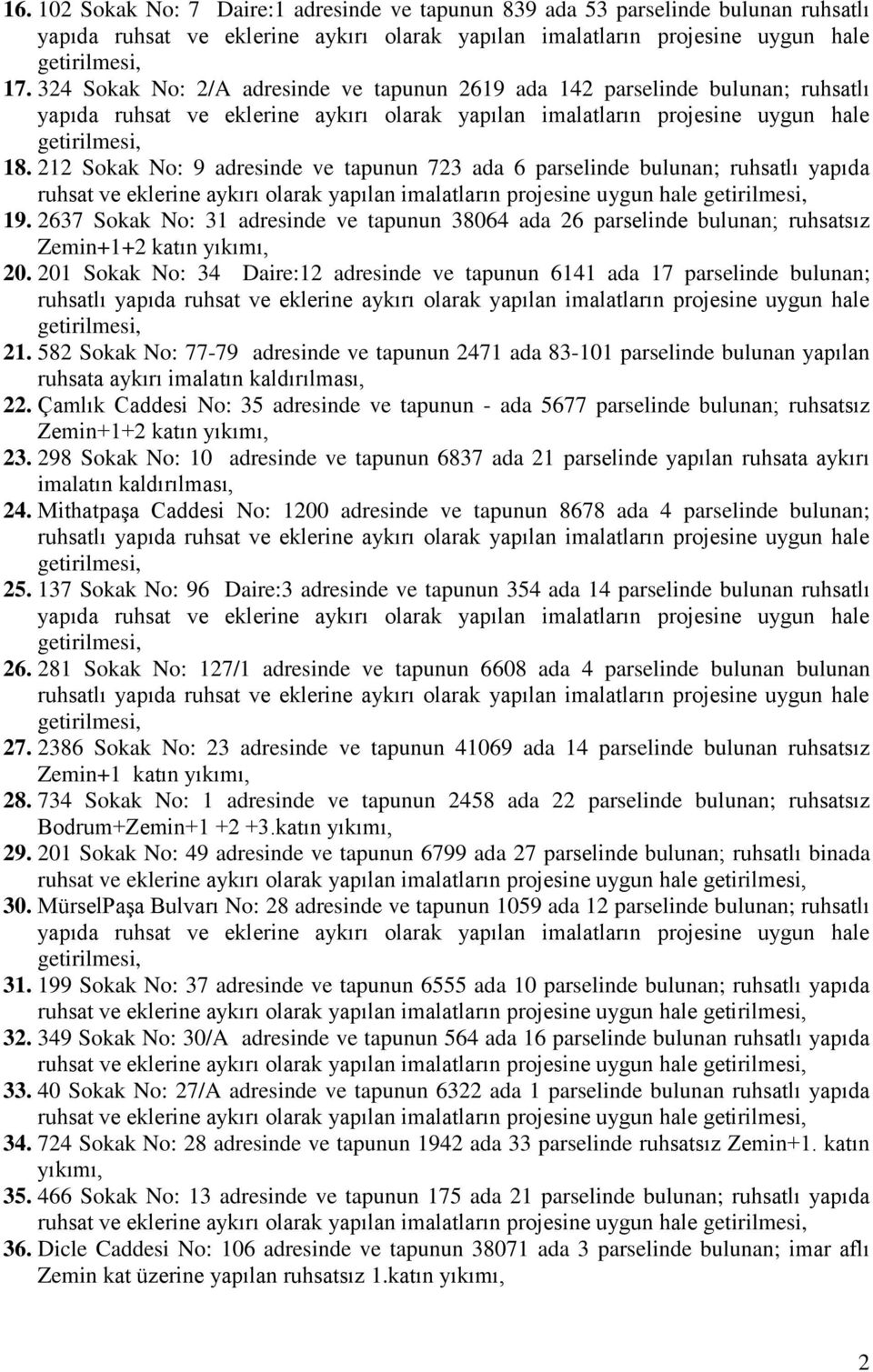 2637 Sokak No: 31 adresinde ve tapunun 38064 ada 26 parselinde bulunan; ruhsatsız 20. 201 Sokak No: 34 Daire:12 adresinde ve tapunun 6141 ada 17 parselinde bulunan; ruhsatlı 21.