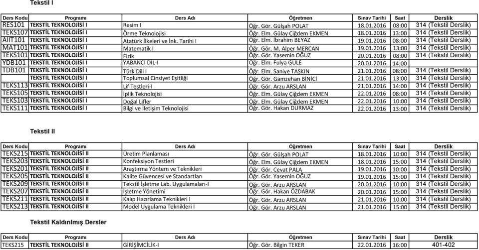 Gör. Yasemin OĞUZ 20.01.2016 08:00 314 (Tekstil Derslik) YDB101 TEKSTİL TEKNOLOJİSİ I YABANCI DİL-I Öğr. Elm. Fulya GÜLE 20.01.2016 14:00 TDB101 TEKSTİL TEKNOLOJİSİ I Türk Dili I Öğr. Elm. Saniye TAŞKIN 21.