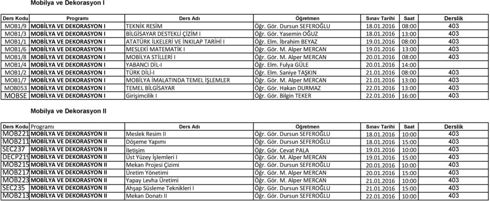 01.2016 13:00 403 MOB1/8 MOBİLYA VE DEKORASYON I MOBİLYA STİLLERİ I Öğr. Gör. M. Alper MERCAN 20.01.2016 08:00 403 MOB1/4 MOBİLYA VE DEKORASYON I YABANCI DİL-I Öğr. Elm. Fulya GÜLE 20.01.2016 14:00 MOB1/2 MOBİLYA VE DEKORASYON I TÜRK DİLİ-I Öğr.