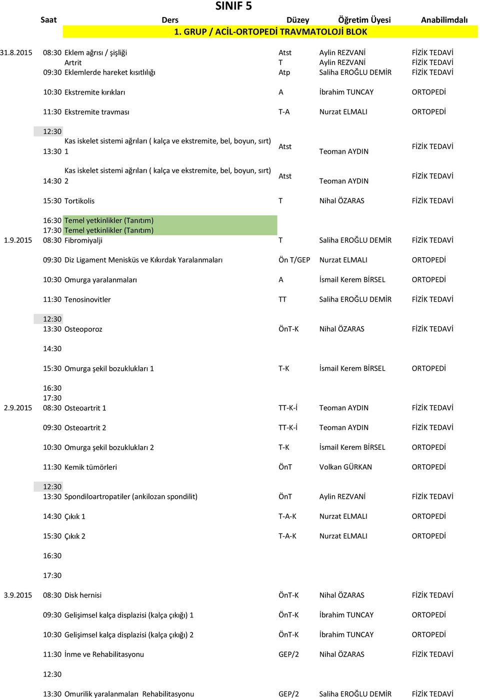 kırıkları A İbrahim TUNCAY ORTOPEDİ 11:30 Ekstremite travması T-A Nurzat ELMALI ORTOPEDİ 13:30 Kas iskelet sistemi ağrıları ( kalça ve ekstremite, bel, boyun, sırt) 1 Atst Teoman AYDIN FİZİK TEDAVİ