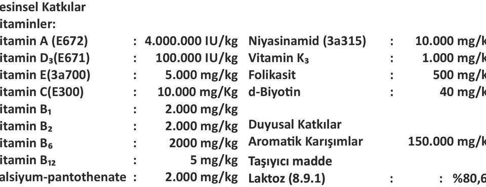 000 mg/kg Niyasinamid (3a315) Vitamin K₃ Folikasit d-biyo n 10.000 mg/k 1.000 mg/k 500 mg/k 40 mg/k 2.