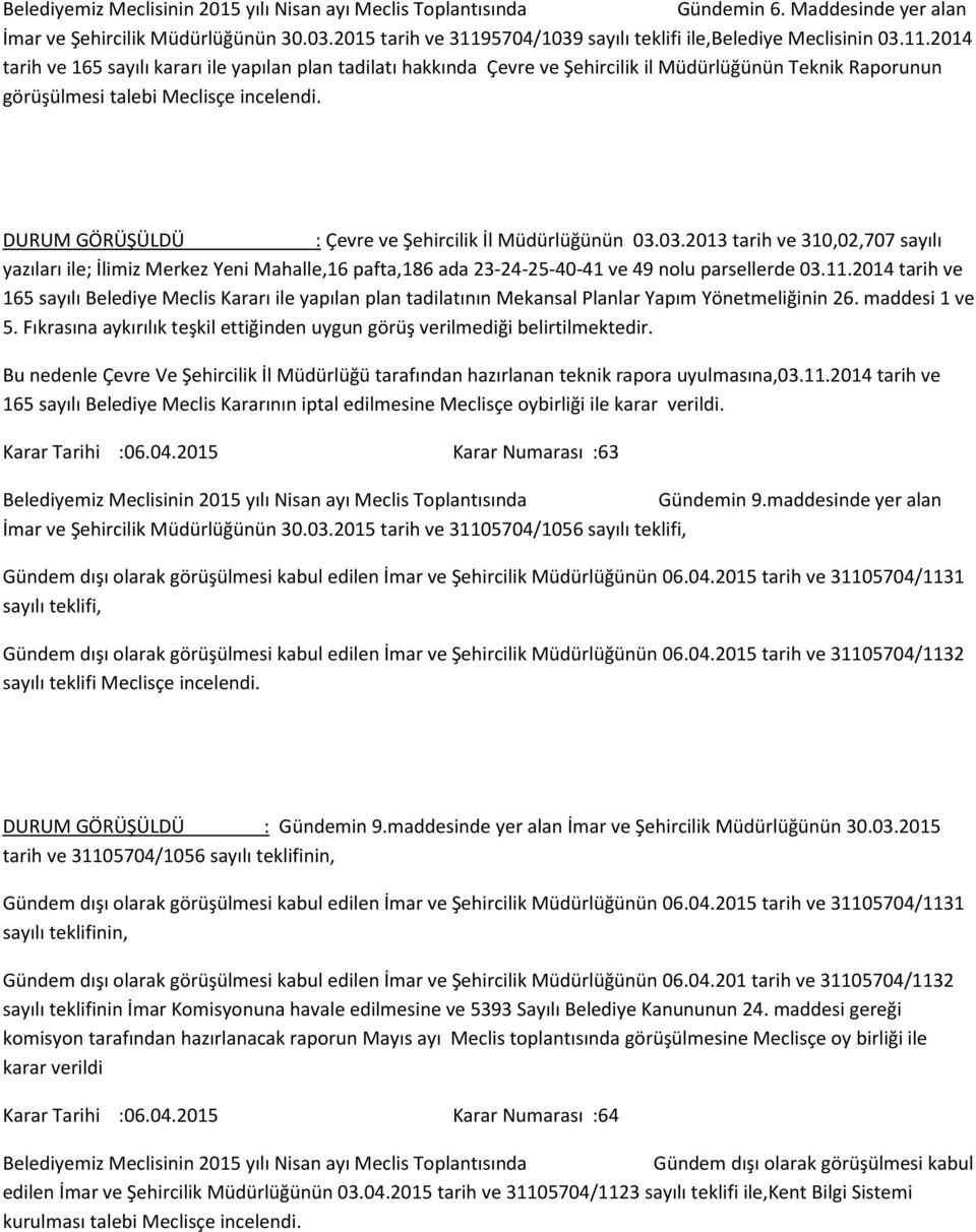 2014 tarih ve 165 sayılı kararı ile yapılan plan tadilatı hakkında Çevre ve Şehircilik il Müdürlüğünün Teknik Raporunun görüşülmesi talebi Meclisçe incelendi.