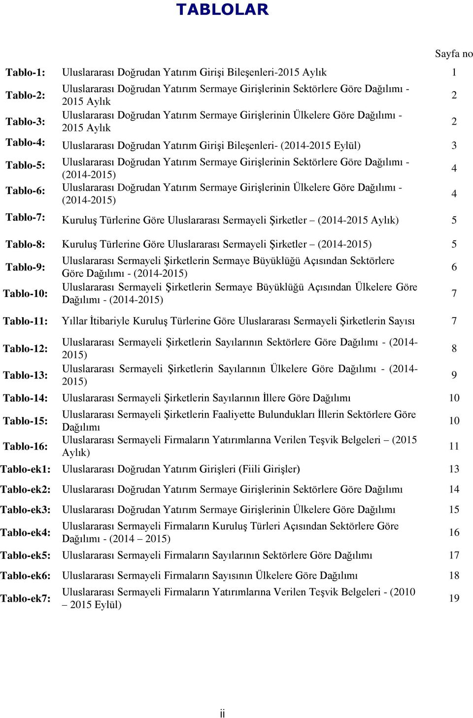 Yatırım Sermaye Girişlerinin Sektörlere Göre Dağılımı - (2014-2015) Tablo-6: Uluslararası Doğrudan Yatırım Sermaye Girişlerinin Ülkelere Göre Dağılımı - (2014-2015) Tablo-7: Kuruluş Türlerine Göre