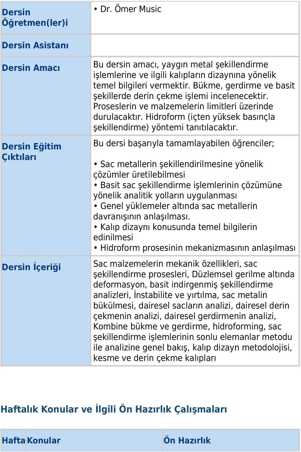 Bükme, gerdirme ve basit şekillerde derin çekme işlemi incelenecektir. Proseslerin ve malzemelerin limitleri üzerinde durulacaktır.