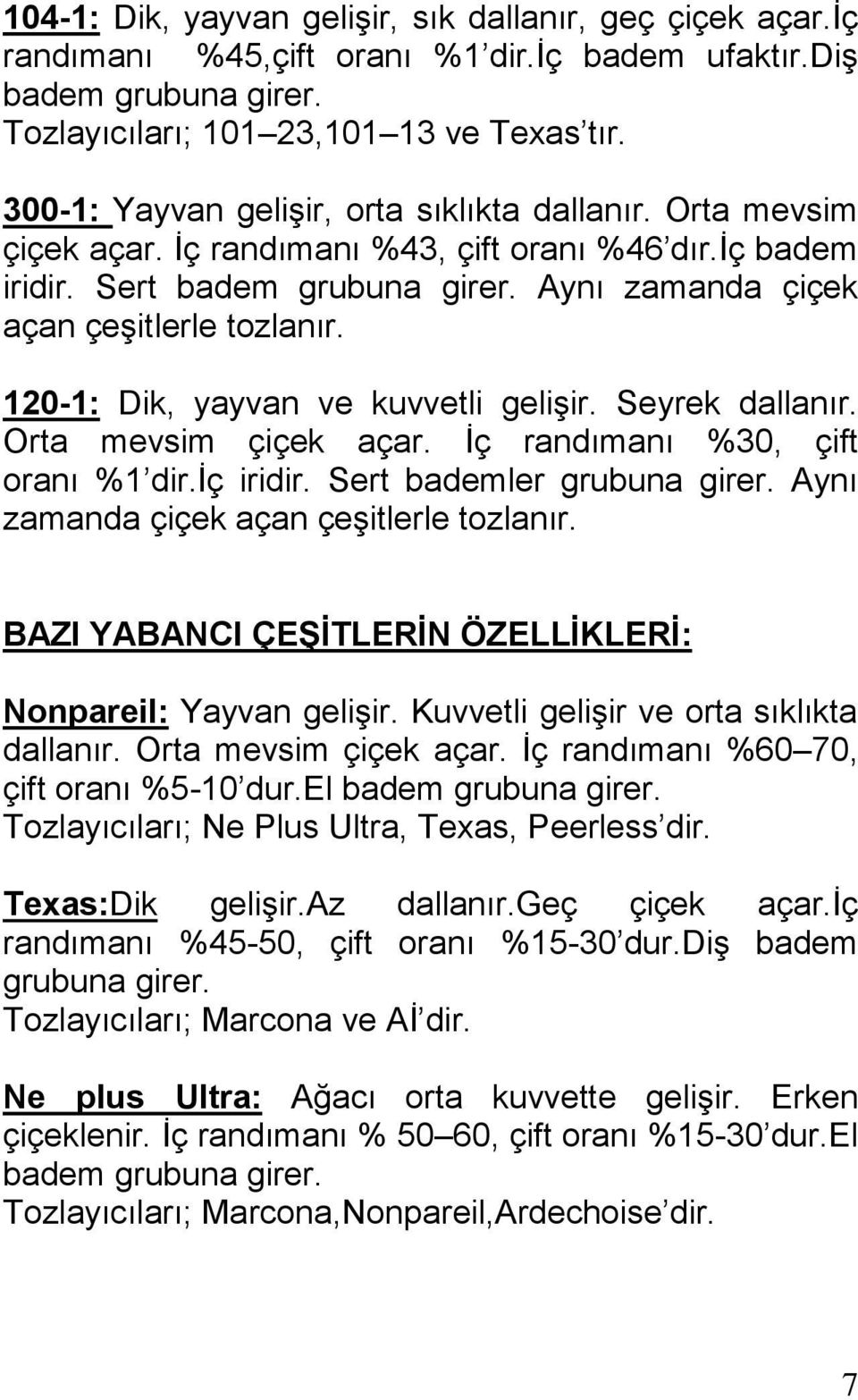 120-1: Dik, yayvan ve kuvvetli gelişir. Seyrek dallanır. Orta mevsim çiçek açar. İç randımanı %30, çift oranı %1 dir.iç iridir. Sert bademler grubuna girer.