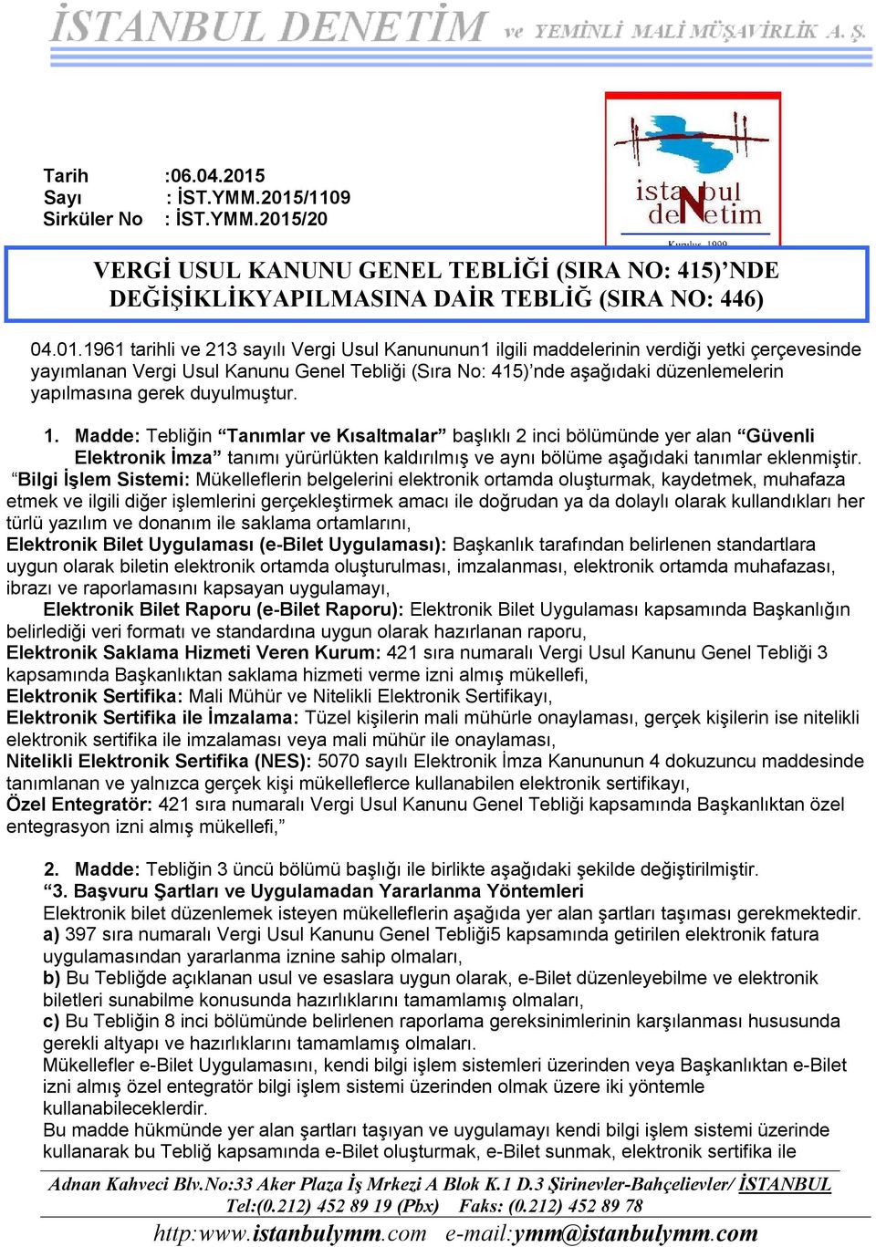 /1109 Sirküler No : İST.YMM.2015