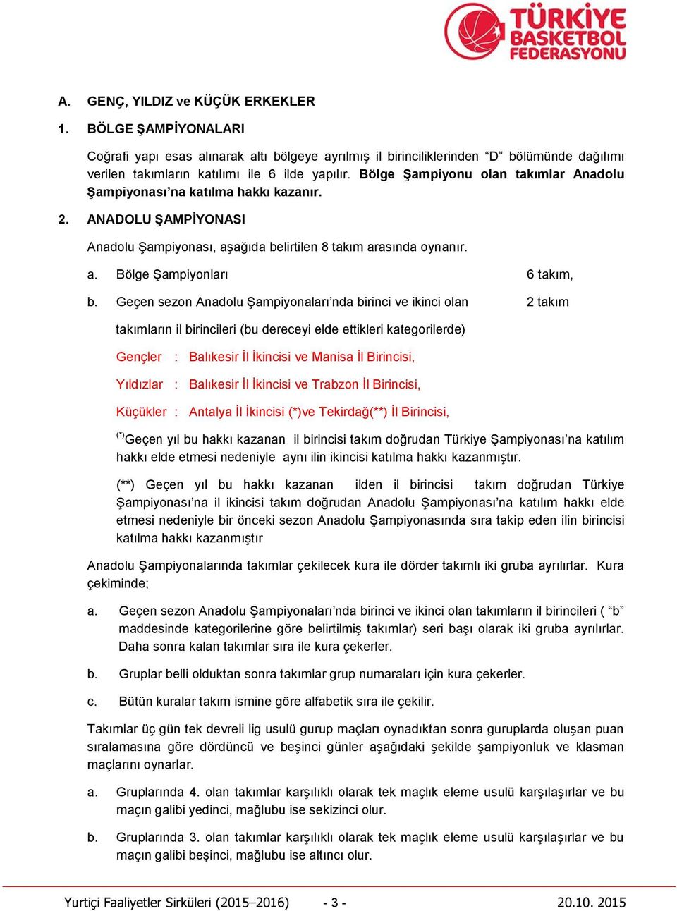 Geçen sezon Anadolu Şampiyonaları nda birinci ve ikinci olan 2 takım takımların il birincileri (bu dereceyi elde ettikleri kategorilerde) Gençler : Balıkesir İl İkincisi ve Manisa İl Birincisi,