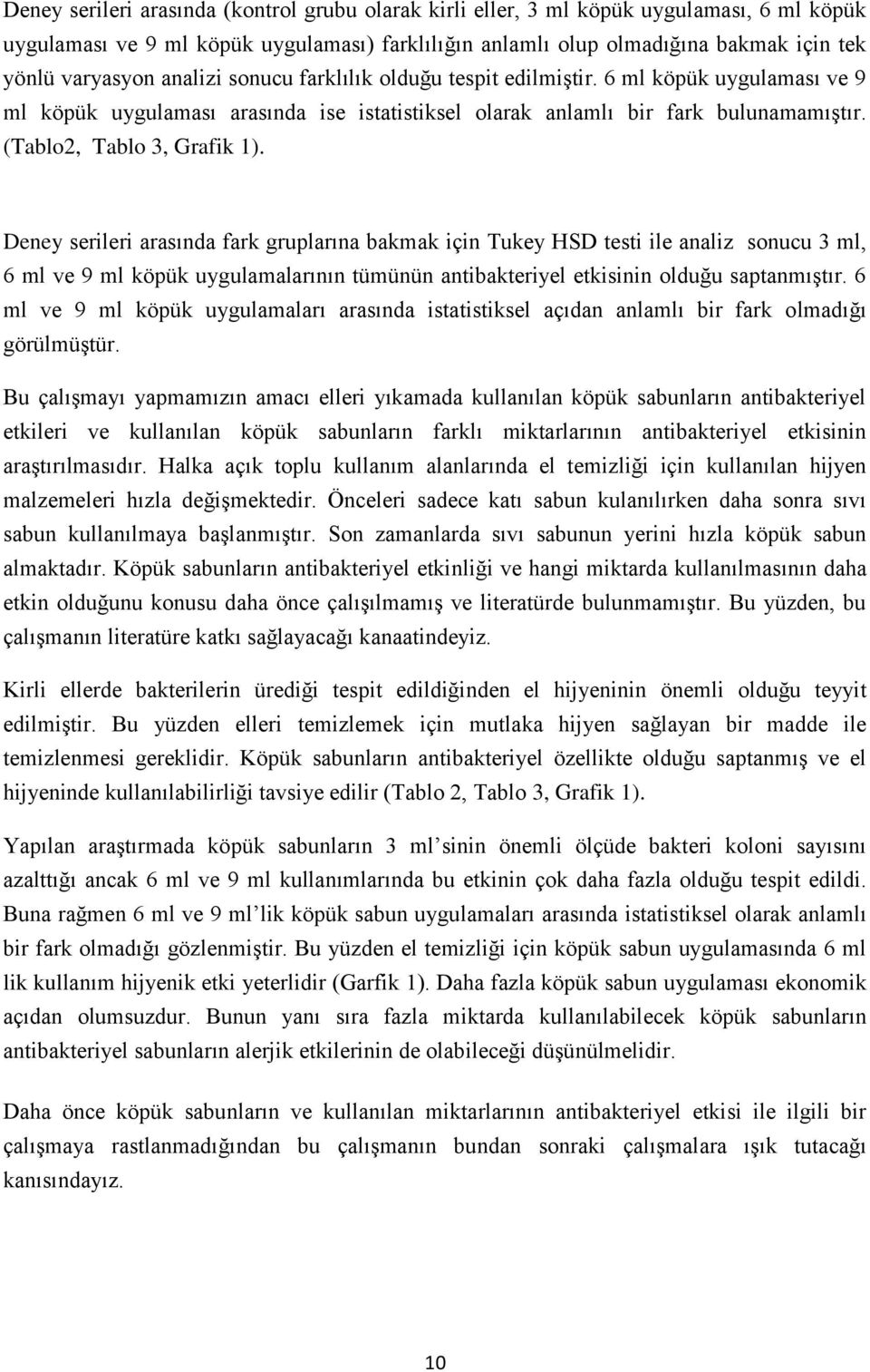 Deney serileri arasında fark gruplarına bakmak için Tukey HSD testi ile analiz sonucu 3 ml, 6 ml ve 9 ml köpük uygulamalarının tümünün antibakteriyel etkisinin olduğu saptanmıştır.