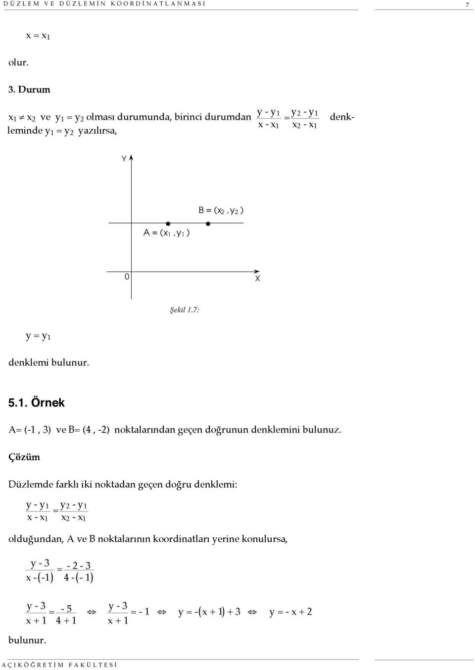 Şekil 1.7: y = y 1 denklemi bulunur. 5.1. Örnek A= (-1, 3) ve B= (4, -) noktalarından geçen doğrunun denklemini bulunuz.