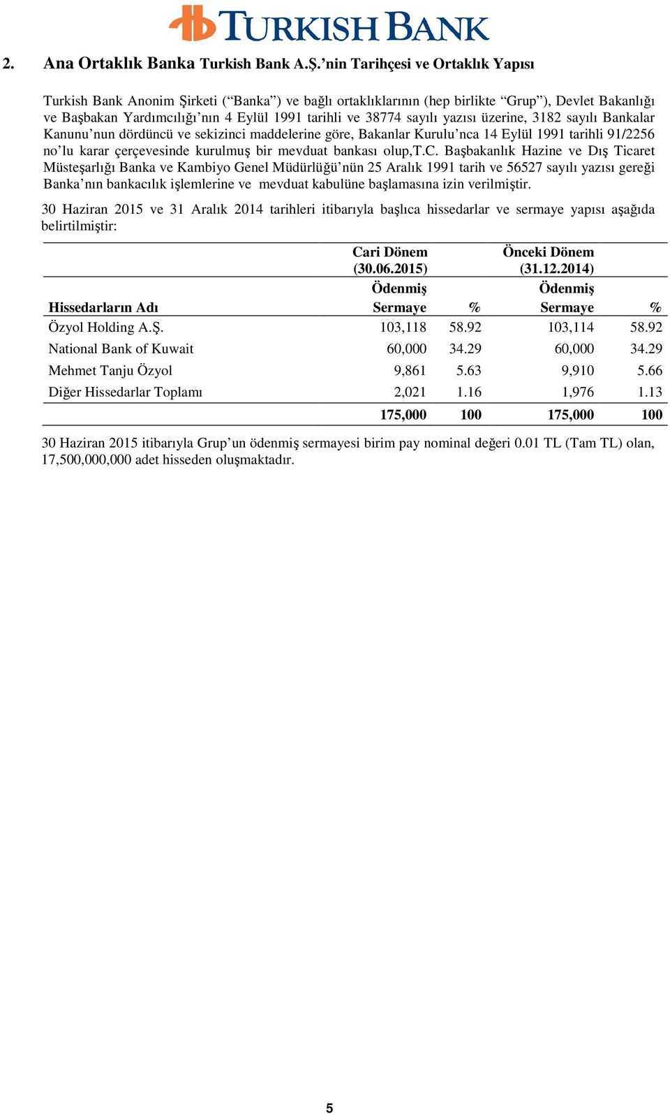 sayılı yazısı üzerine, 3182 sayılı Bankalar Kanunu nun dördüncü ve sekizinci maddelerine göre, Bakanlar Kurulu nca 14 Eylül 1991 tarihli 91/2256 no lu karar çerçevesinde kurulmuş bir mevduat bankası