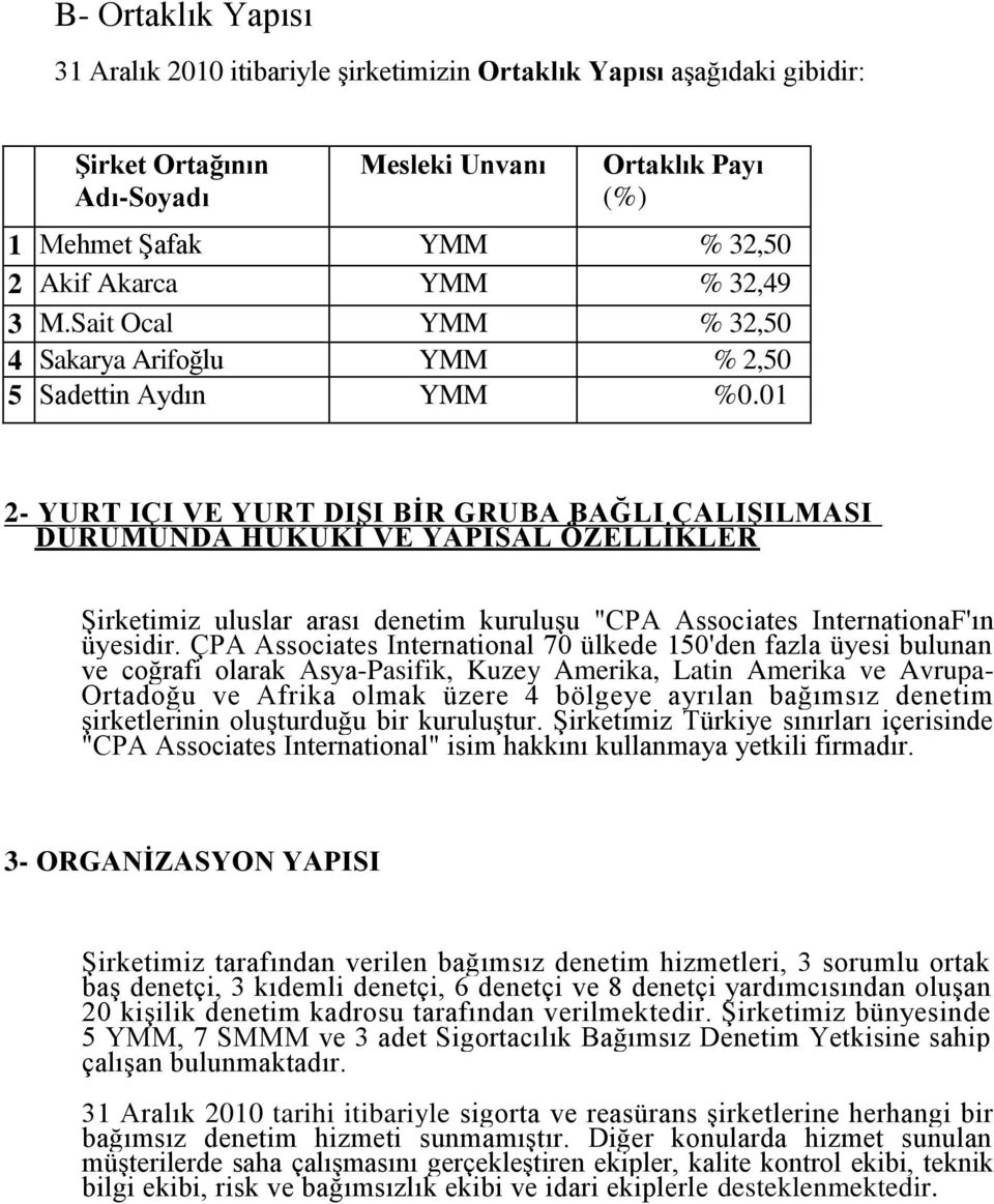 01 2- YURT IÇI VE YURT DIġI BĠR GRUBA BAĞLI ÇALIġILMASI DURUMUNDA HUKUKĠ VE YAPISAL ÖZELLĠKLER ġirketimiz uluslar arası denetim kuruluģu "CPA Associates InternationaF'ın üyesidir.